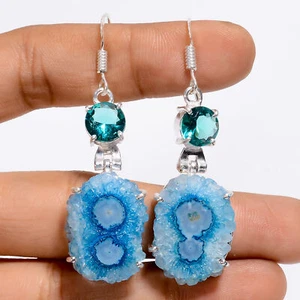 Solar Quartz Blue Topaz Gemstone 925 Silver Handmade Earrings 2.2" ARE-5149 - Picture 1 of 3