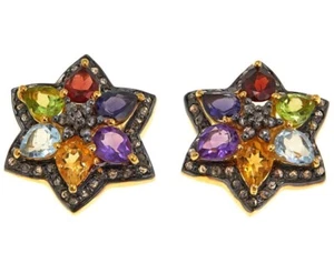 Meher's Champagne Diamond & Multi Gem Stud Two Tone Gold Plated & Black Earring - Picture 1 of 2