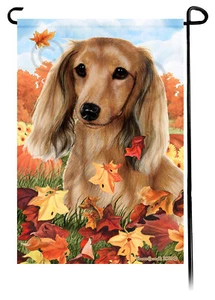 Falling Leaves Garden Flag - Longhaired Cream Dachshund - Picture 1 of 1
