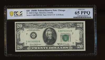 DBR 1969-B $20 FRN Chicago Gem Fr. 2069-G PCGS-B 65 PPQ Serial G88790952B - Image 1 of 2