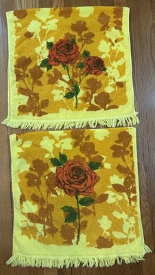 Juego de 2 toallas de baño vintage cañón oro amarillo con rosas florales algodón flecos Foto 1 de 4
