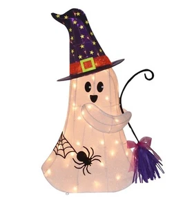Halloween Decor 36” Pre-lit White Ghost With Broom - Picture 1 of 5