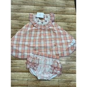 NWT Smocked Sweets Scalloped Peach Windowpane Bloomer Set 4/5  - Picture 1 of 6