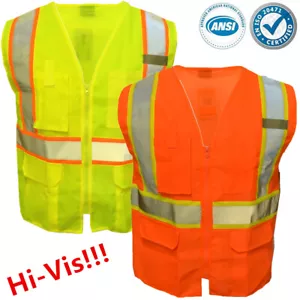 Safety Work Hi Vis ANSI Class 2 Reflective Tape Vest High Visibility W/Pockets - Picture 1 of 8