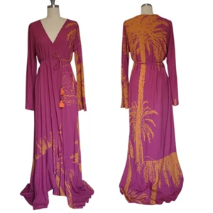 MAAJI Long Kimono Wrap Maxi Dress Pink Palm Trees Beach Cover up Swim Small - Picture 1 of 10