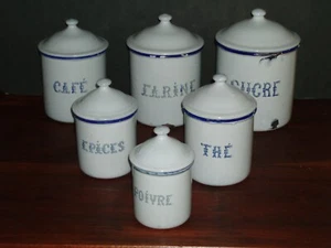 ANTIK FRANZÖSISCH EMAILLIERT 6-TEILIGES KANISTER-SET BLAU UND WEISS - Bild 1 von 12