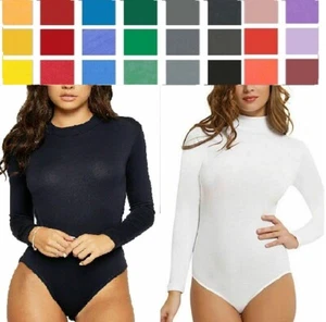 New Women's long Sleeve Turtle neck sexy Bodysuit Polo Leotard hot Stretch UK - Picture 1 of 46