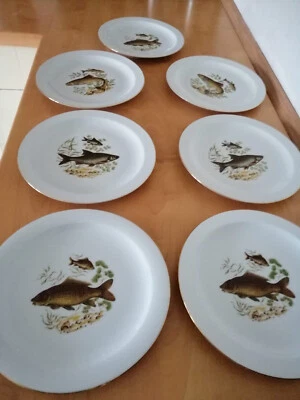 7 flache Teller weiss Fisch Dekor Service Wunsiedel Bavaria Porzellan Vintage - Bild 1 von 4