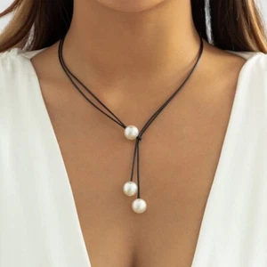 3 LARGE SIMULATED DROP PEARL CHOKER NECKLACE WITH BLACK LEATHER CORD, NEW, BOHO - Picture 1 of 9