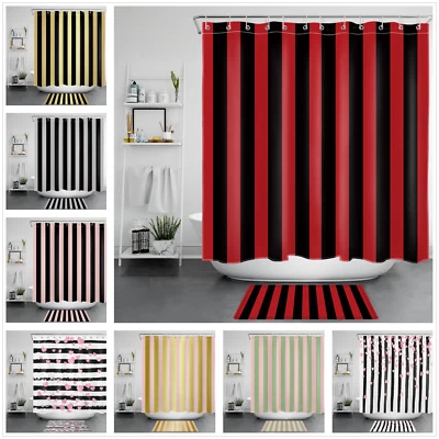 Juego de cortinas de ducha de San Valentín a rayas blancas negras para decoración de baño Foto 1 de 4