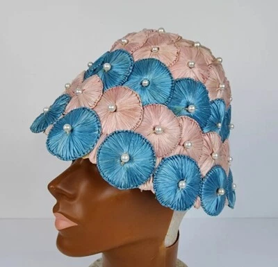 Vintage 1960s Bucket Hat Blue Amd Pink Straw With Faux Pearls Beehive Hat Disco - Image 1 of 4