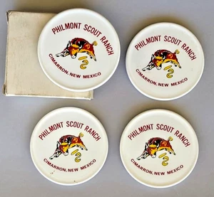 1972 PHILMONT SCOUT RANCH -FOUR COASTERS Mint -Famous BULL LOGO Original Box BSA - Picture 1 of 5