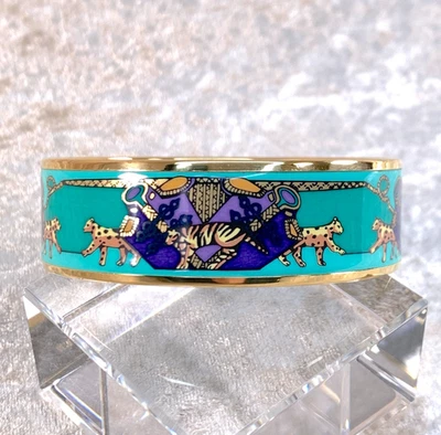 Brazalete Brazalete Vintage Hermes Esmalte Verde Leopardo Borde Dorado Talla 65 Foto 1 de 4