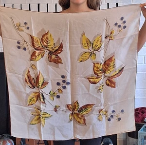 Vintage Scarf w/ Large Leaves & Berries Brown Yellow Blue Tan  30" x 30" - Picture 1 of 6