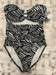 Ladies Michael Kors One Piece Swim Bathing suit Bandeau Strap Black And White 14 - Picture 1 of 5