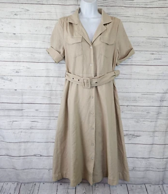 Tahari Womens Shirt Dress Sz Small Tan Linen Blend Button Front Belted - Image 1 of 4