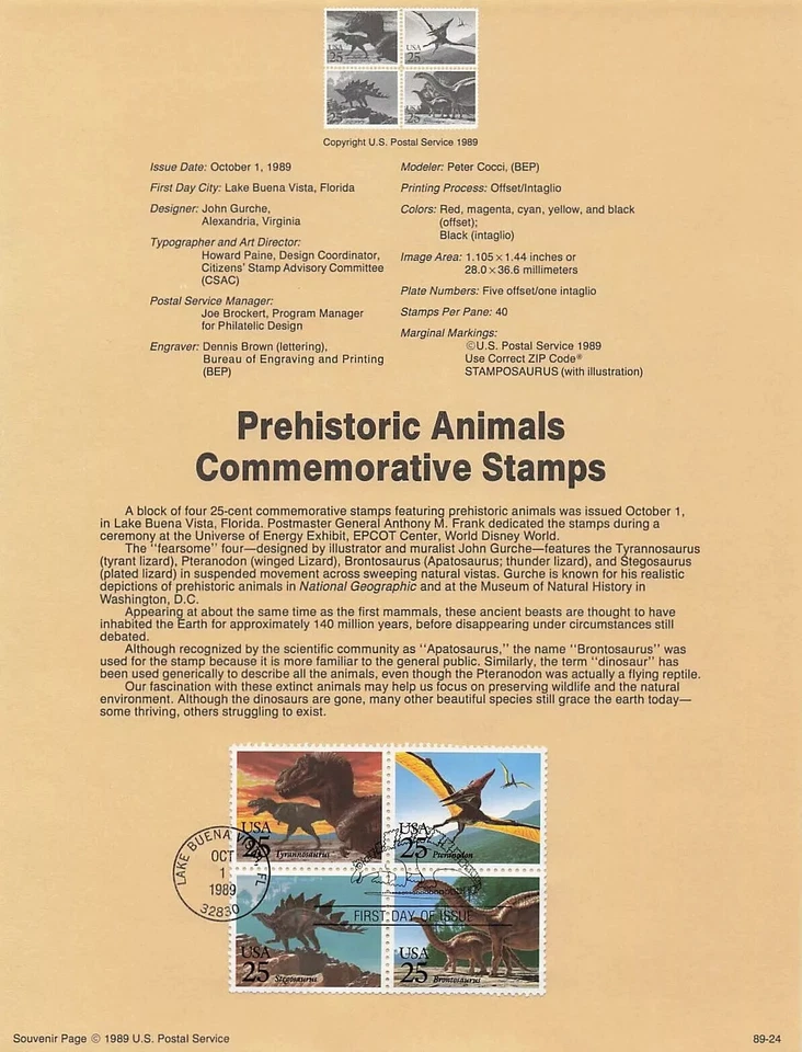 US USPS Souvenir Page, SP861 Sc2425a, 1989 Dinosaurs, VF CV$5.00 (504SP45) - Image 1 of 1