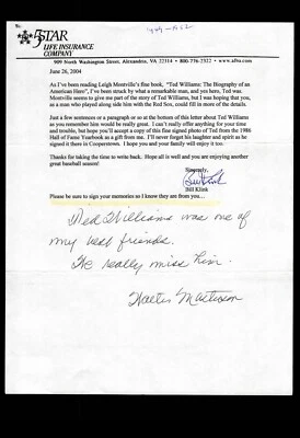 FAN LETTER RESPONSE- WALT MASTERSON, RED SOX: TED WILLIAMS, BAS CERTIFIED - Image 1 of 2