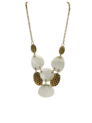 Avon Mother of Pearl & Hammered Gold Tone Bib Necklace 2009 16.5” Oval Fashion - Image 1 of 4