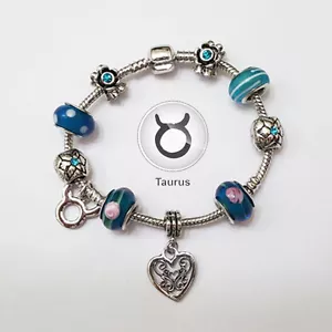 TAURUS Zodiac Silver Blue Murano Teal Rhinestone Heart Charm Bracelet - Picture 1 of 1