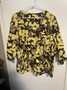Basic Editions 2 Button Yellow & Brown Floral linen Cotton Top 3x - Picture 1 of 3