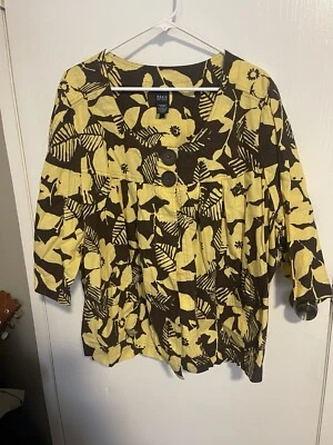 Basic Editions 2 Button Yellow & Brown Floral linen Cotton Top 3x - Image 1 of 3