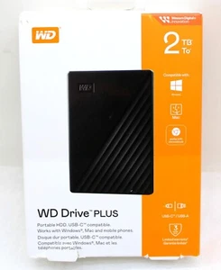 NEW - Western Digital WD Drive PLUS 2TB Portable HDD USB-C Win Mac BLACK SEALED - Picture 1 of 7