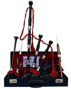 Highland Rosewood Bagpipe For Sale Black Finish W MacKenzie Morgan Tartan Cover - Picture 1 of 5