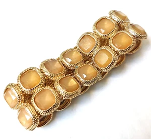 Golden JEWEL Art Deco PATTERN Cream Cognac Vintage Inspired Stretch Bracelet - Picture 1 of 5