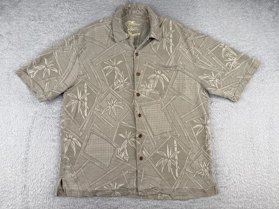 Camisa Jamaica Jaxx Hombres Grande Gris Hoja de Bambú Floral Hawaiana 100% Seda Botón Foto 1 de 4