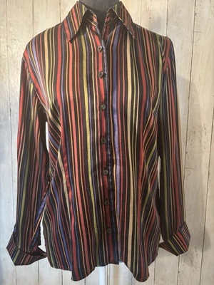 TALBOTS SZ 6 Silk Stretch Blouse Button Up Long Sleeve Stripe Top Career Classy - Image 1 of 4