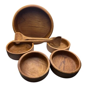 Vintage MCM Teakholz 7-teiliges Salatschüssel-Set enthält Utensilien rustikal Landhaus - Bild 1 von 13