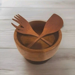 Vintage Teak Wood Salad Bowl With Serving Utensils - Picture 1 of 10