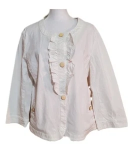 Talbots Y2K weiß Baumwolle kragenlos Rüschen Knopfleiste Blazer Jeansjacke 14 - Bild 1 von 11