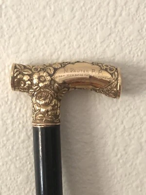 16K Yellow Gold-Handle Presentation Cane Walking Stick Tacoma  Eagles Aerie No 3 - Image 1 of 4