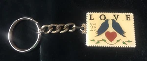 USPS Love Birds Postage Stamp Enamel Key Ring Key Chain USA 25 Cents - Picture 1 of 3
