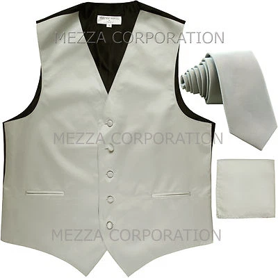 New Men's Vesuvio Napoli Tuxedo Vest 2.5" Skinny Necktie set prom party Silver - Image 1 of 4
