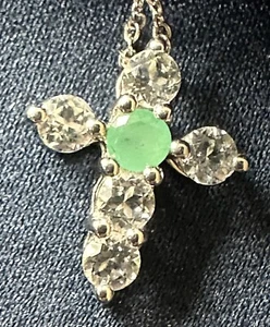 Diamond & Jadeite Sterling Silver Cross Necklace - Vintage - 18 Inch - Picture 1 of 10