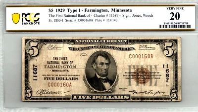 $5 1929 National Banknote Farmington, Minnesota CH: 11687 PCGS 20 VF - Image 1 of 4