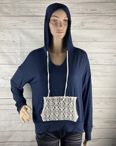 Mauve Hoodie Juniors Large Navy Blue Ivory Lace Pouch Pocket Lightweight Casual - Picture 1 of 12
