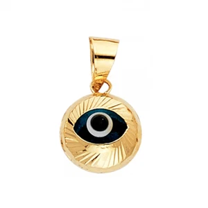14K Solid Yellow Gold Evil Eye Pendant -Round Good Luck Necklace Charm Women Men - Picture 1 of 1