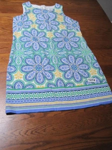 Vestido recto sin mangas London Times estampado floral geométrico blanco azul talla 14 - Imagen 1 de 15