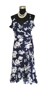 Dex Gr. M Kleid blau schwarz weiß Rüschen hoch niedrig Chiffon Fit Flare Tie V-Ausschnitt 8 10 - Bild 1 von 7