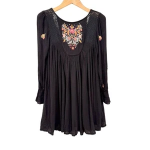 Free People Tunika Kleid Mohave schwarz bestickt S Boho dunkel romantisch Bauer - Bild 1 von 14