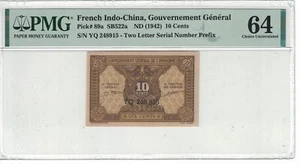 FRENCH INDOCHINA 10 Cents 1942 Pick# 89a PMG: 64. #PL1738 - Picture 1 of 2
