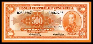 Venezuela AU Banconota 500 Bolivares Maggio 1966 P-37b "CANARIO" Prefisso B (Banconota) - Foto 1 di 2