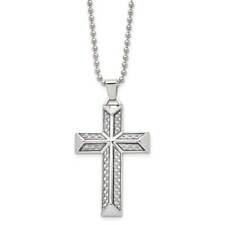 Stainless Steel Polished with Grey Carbon Fiber Inlay Cross 24" Necklace
