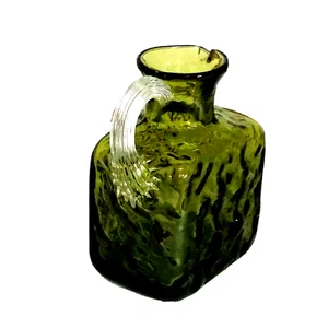 Vintage Pilgrim Hand-blown Glass Square Green Crackle Glass Pitcher Cruet 4.25" - Picture 1 of 9