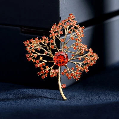Elegante Broche Prendedor Hoja Roja Circón Chapado en Oro 18k Mujer Boda Fiesta Joyería Foto 1 de 4