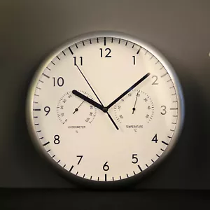 New Wall Clock Tfa Germany Thermometer Hygrometer 26.5Cm Silver White - Picture 1 of 4